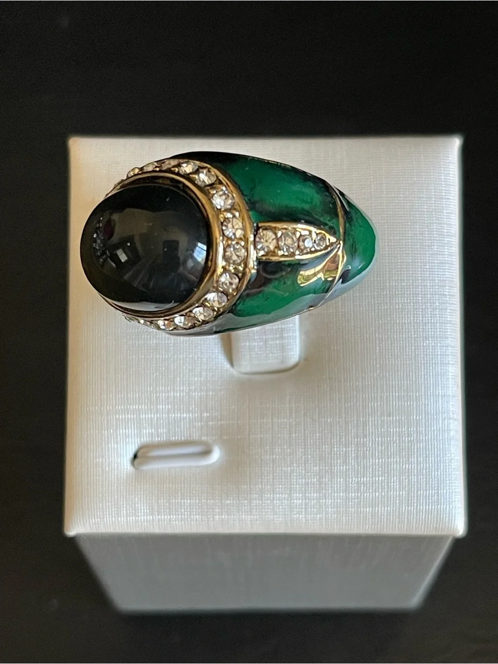 Vintage Green cabochon & green enamel Statement Ring with Crystal Halo.